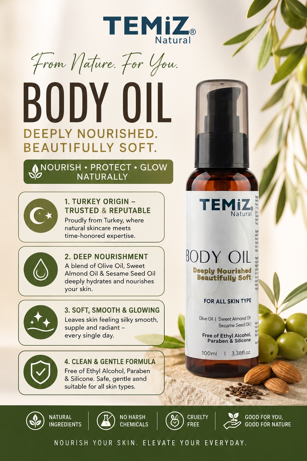 TEMiZ Natural Body Oil 100ml, Olive Oil Sweet Almond Oil & Sesame Seed Oil