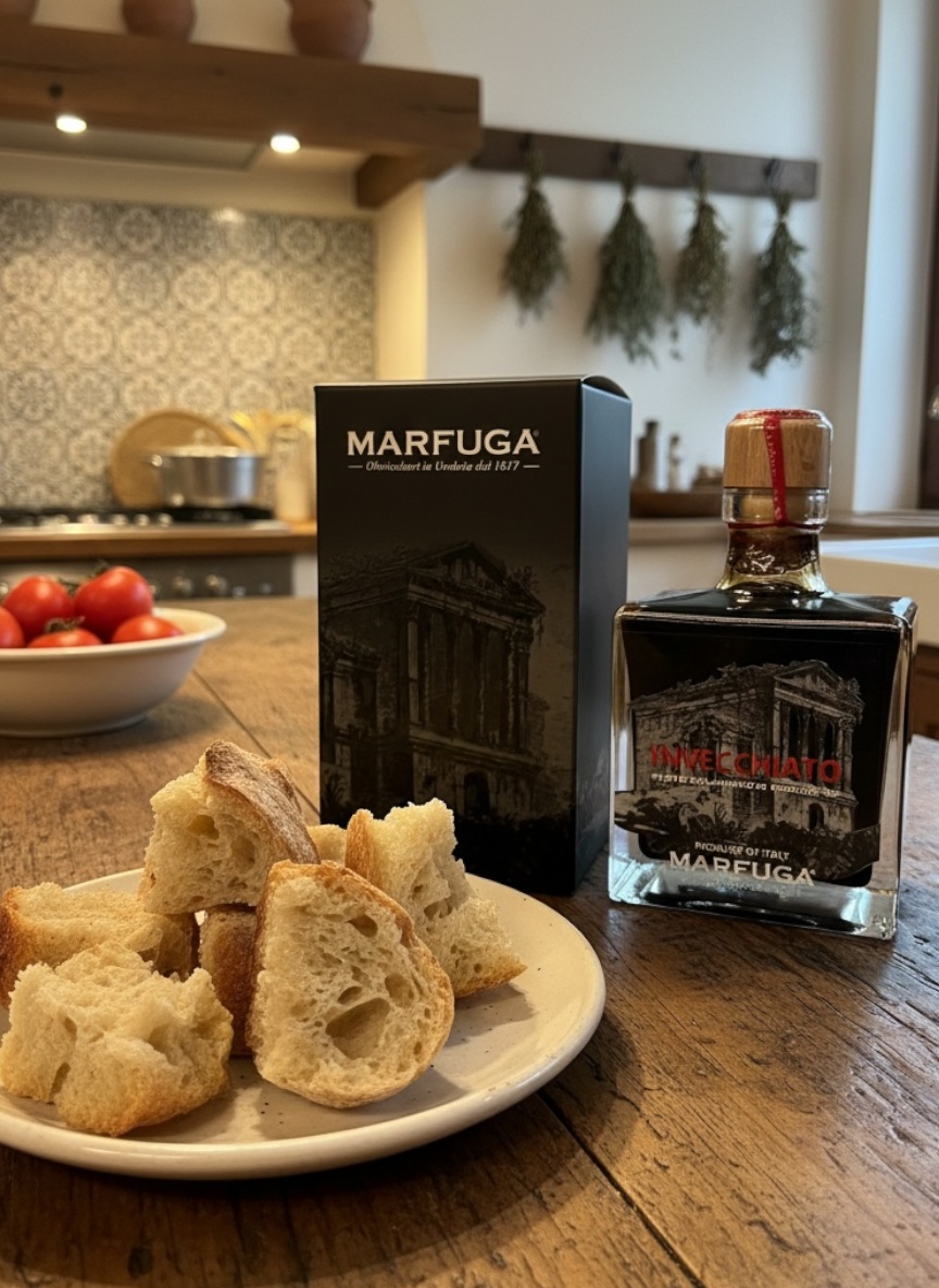 Marfuga Balsamic Vinegar of Modena - Dark Rich Flavor - Perfect for Tasting with Crusty Bread - Ideal for Culinary Use in Kitchen Setting. Produced in Italy, Airflown to Singapore. Made by MARFUGA (since 1817)