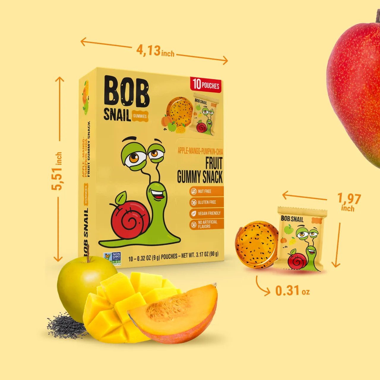 BOB SNAIL Fruit Gummy Snack, Apple Mango Pumpkin Chia, 10 Pouches 90g