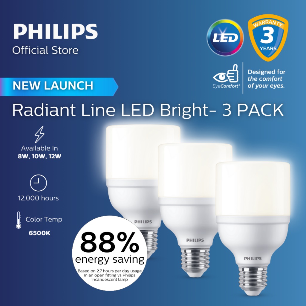 Philips Radiant Line LED Bulb – 3 Pack (Buy 2 Get 1 Free) | Extra Brightness, 88% Energy Saving, 6500K Cool Daylight – 10W
