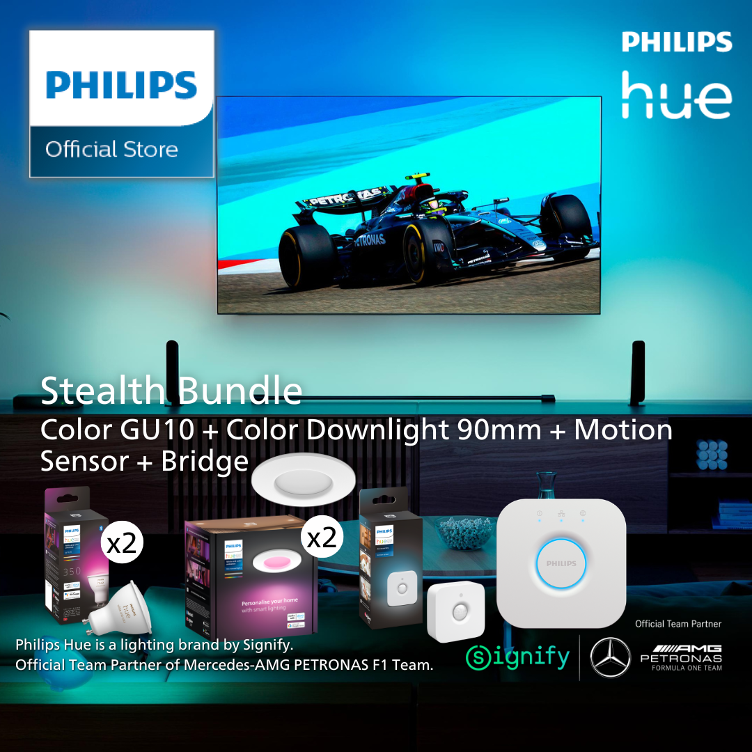 Philips Hue Stealth Bundle Hue White & Colour Ambience GU 10 bulb + White & Colour Ambience 90mm Downlights + Motion Sensor + Bridge