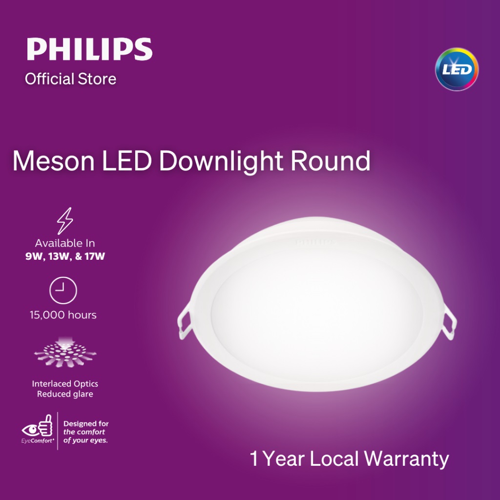 Philips Meson LED Round Downlight w EyeComfort and Interlace Optics Technology – 13W, 6500K Daylight