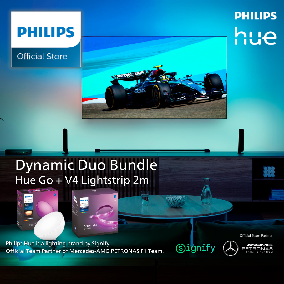 Philips Hue Dynamic Duo Bundle: Hue Go Portable Lamp + V4 2m RGB Lightstrip Base Kit – Add a bridge