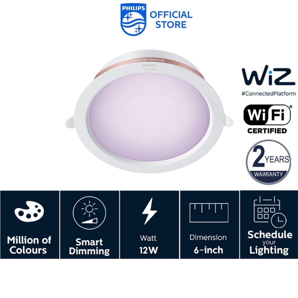 Philips Smart Lighting LED Recessed RGB Downlight 4/5/6 Inch (10W 2200K-6500K) (Connecting By WiZ) – 6 Inch Colored 12W