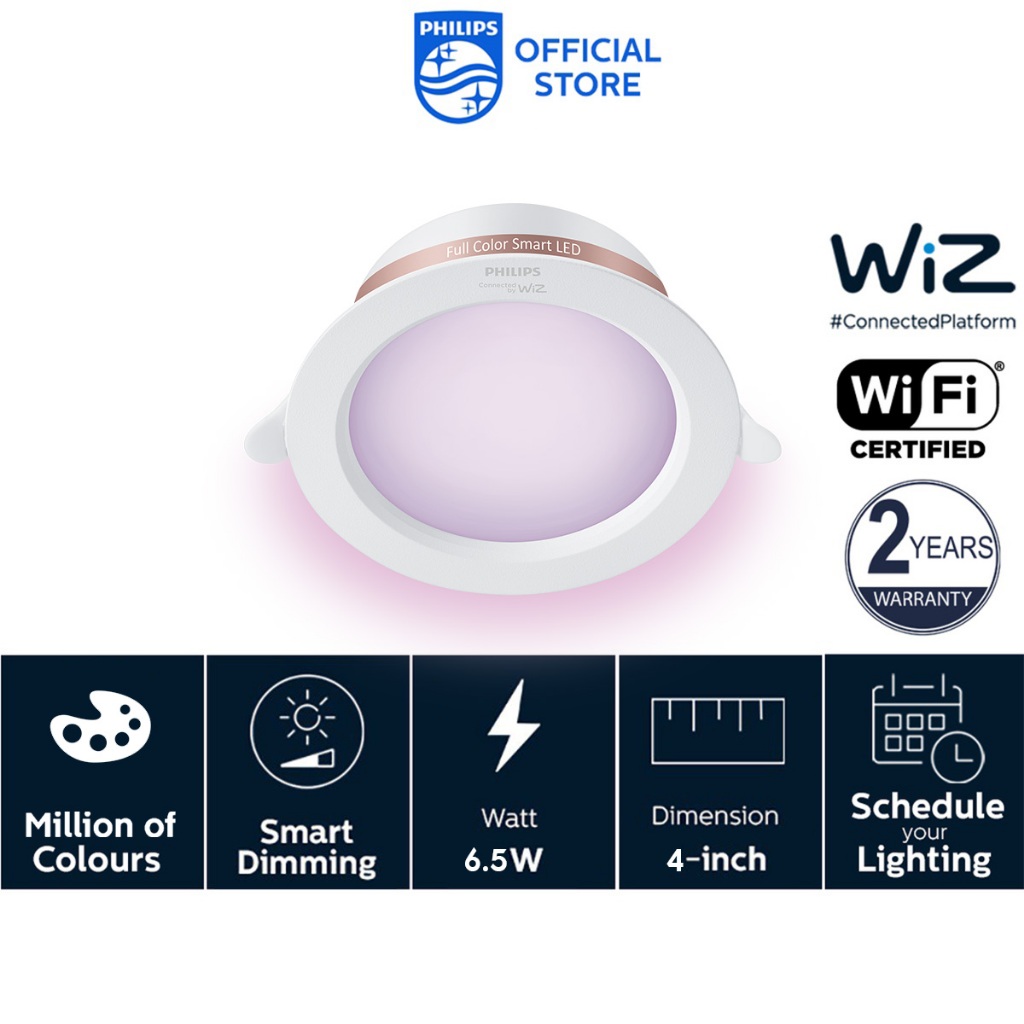 Philips Smart Lighting LED Recessed RGB Downlight 4/5/6 Inch (10W 2200K-6500K) (Connecting By WiZ) – 4 Inch Colored 10W