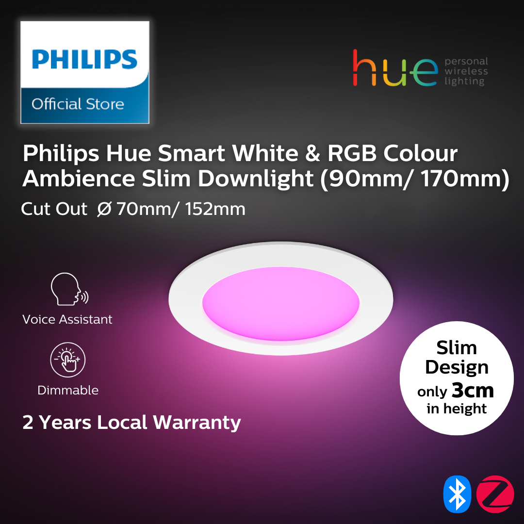 Philips Hue Smart White & RGB Colour Ambience Slim Downlight (90mm/ 170mm) | Cut out 70mm / 152mm – 90mm (Cutout 70mm)