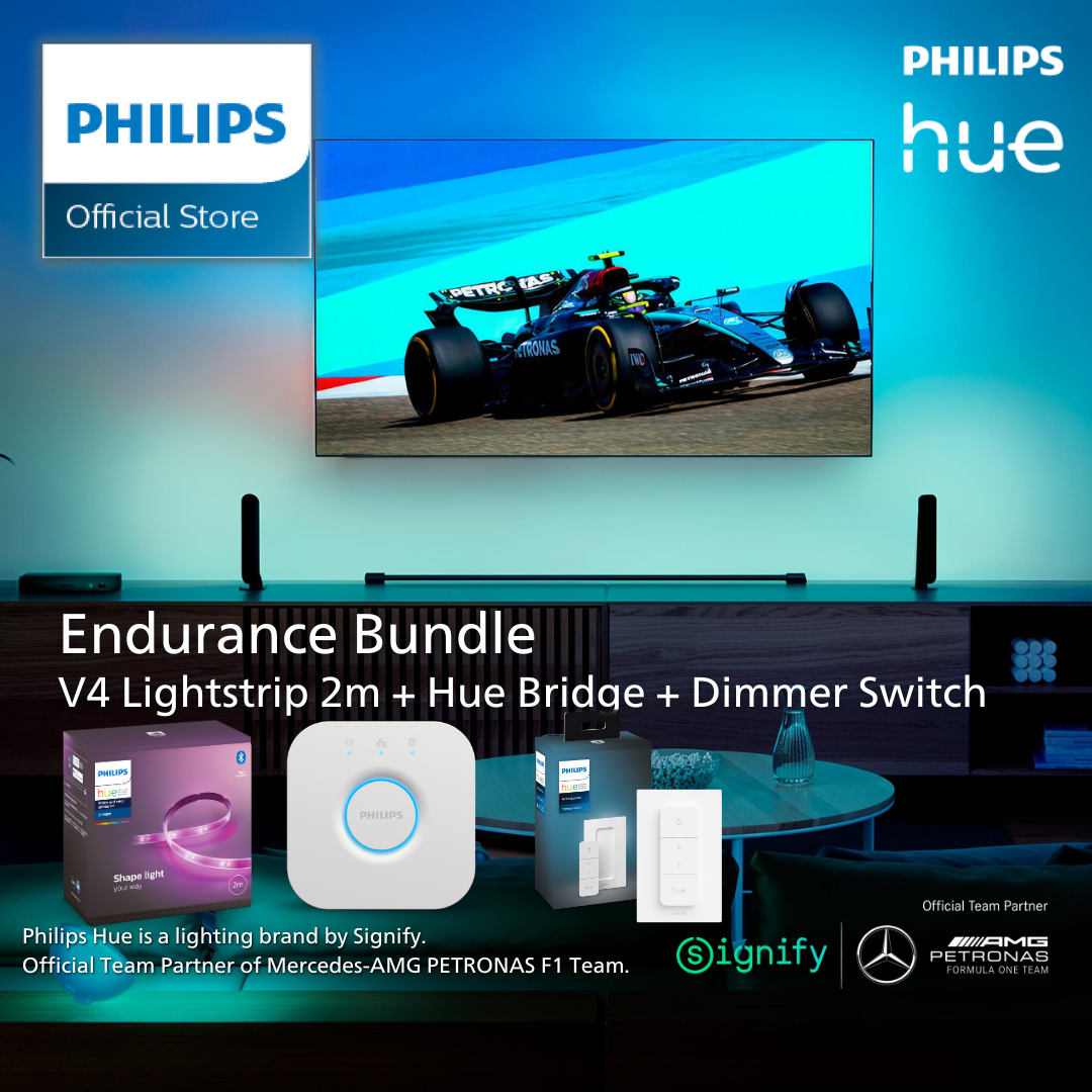 Philips Hue Endurance Bundle (Hue V4 2m RGB Lightstrip Base Kit + Bridge + Dimmer Switch)