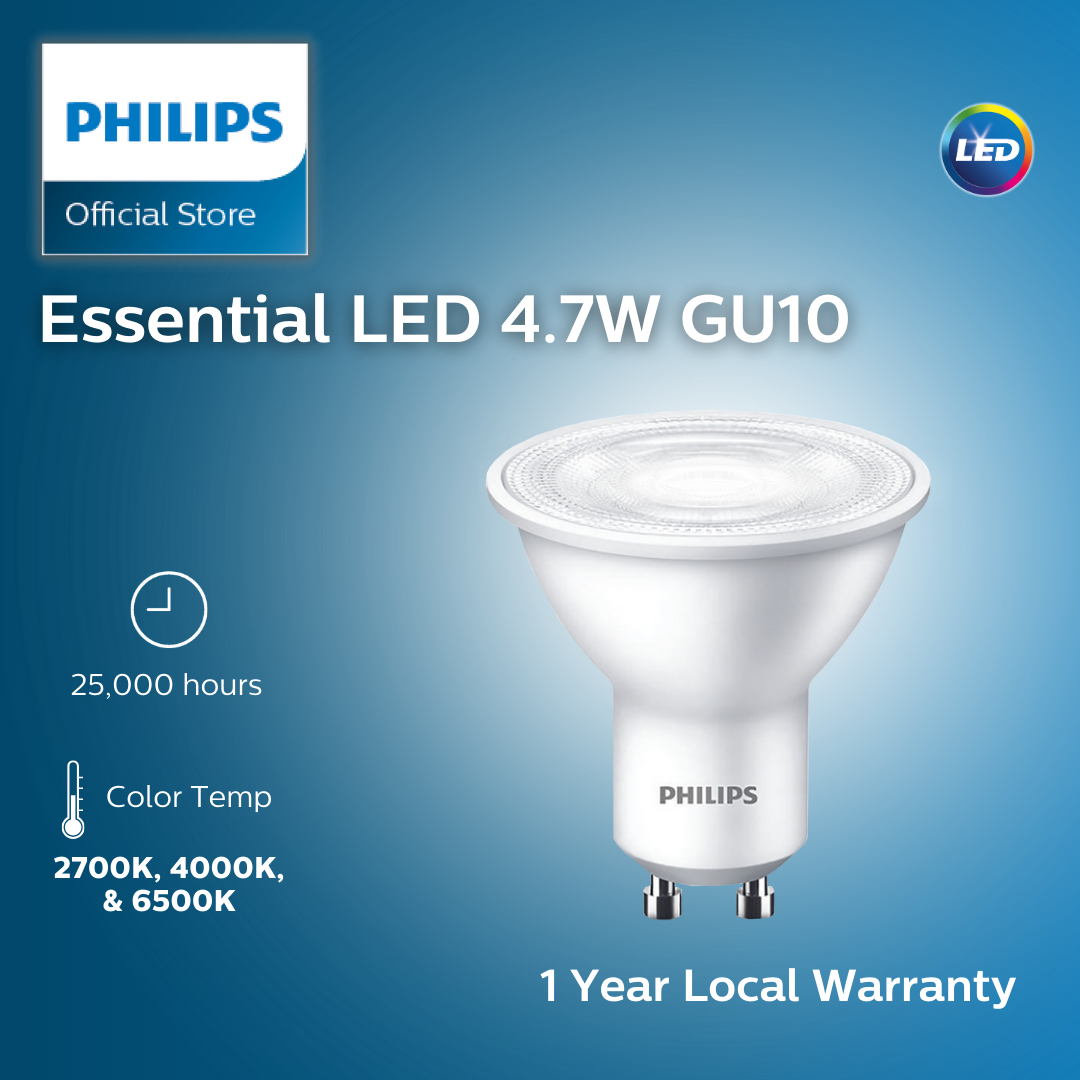 Philips Essential LED GU10 4.7W Spot Bulbs | 2700K Warm White, 4000K Cool White, 6500K Cool Daylight (1 Year Warranty) – Cool White 4000K