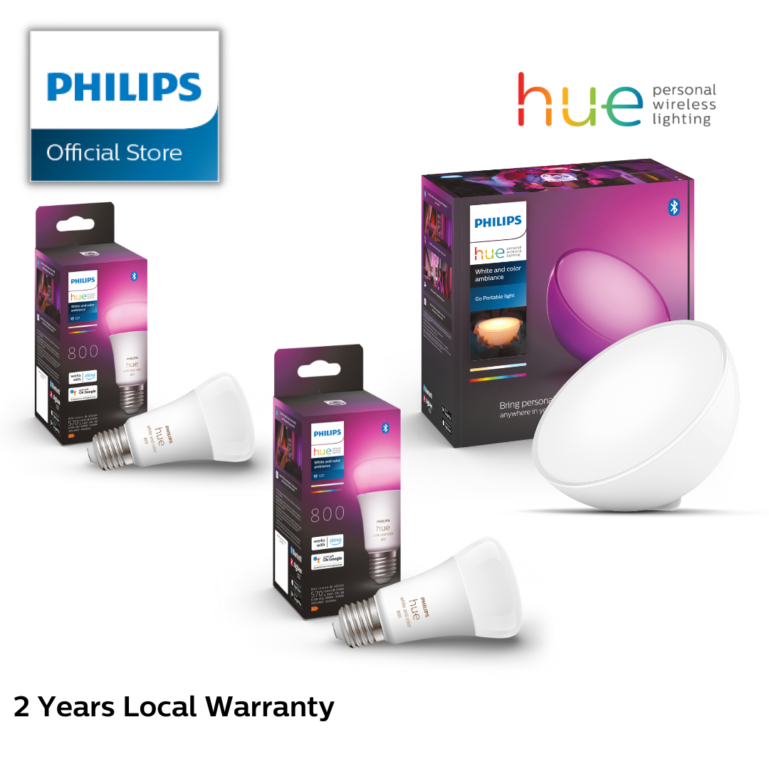 Lazada Exclusive Bluetooth Bundle 2 x Philips Hue White and Colour Ambiance E27 + Philips Hue Go Portable Light, Bluetooth and ZigBee compatible, Works with Alexa, Apple Homekit and Google Assistant
