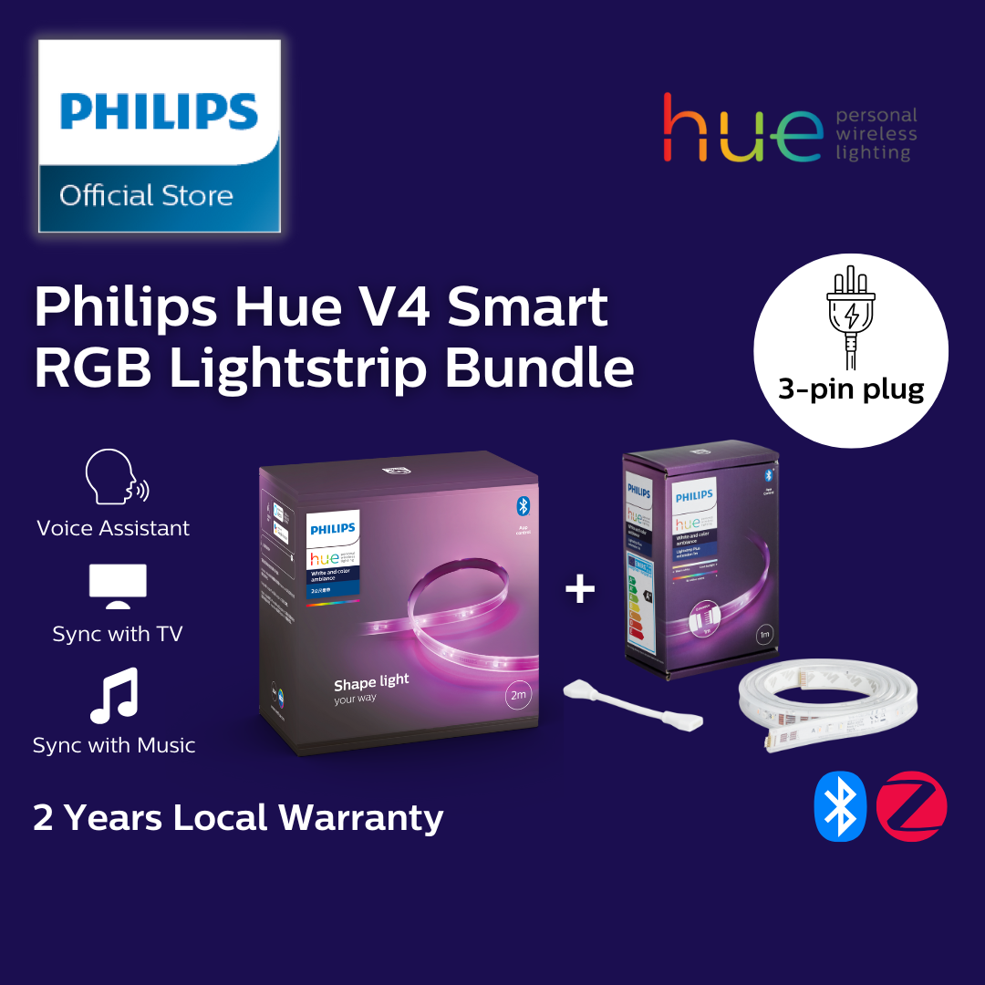 Philips Hue: Smart V4 RGB Light Strip Bundle - Philips Hue White and Color Ambiance LightStrip Plus 2m Base Kit + 1m Extension, Dimmable LED Smart Light, Bluetooth & Zigbee compatible, Works with Alexa, HomeKit & Google Assistant)