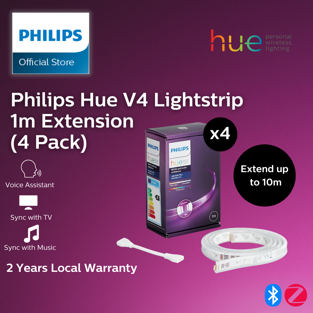 (4 Pack) Hue V4 RGB Light Strip Extension Multi pack - Philips Hue Smart Lightstrip extension pack of 4 | Works with Alexa, HomeKit & Google Assistant, Wi-Fi and Bluetooth Compatible