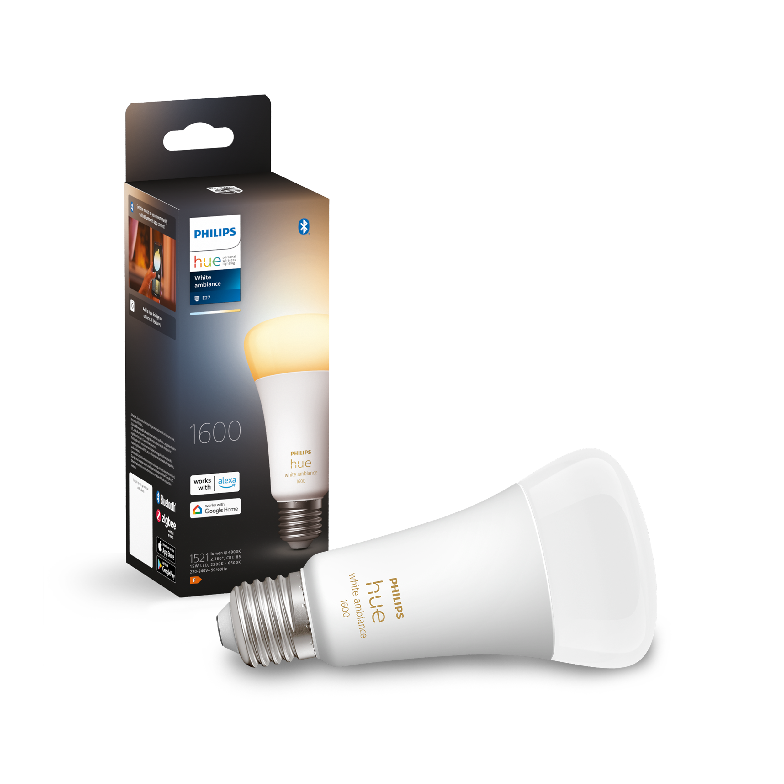 Philips Hue High Brightness E27 Smart Bulb - 1600 Lumens | Choose from White Ambience OR White & Color Ambience | Bluetooth & Zigbee Compatible (Hue Bridge Optional), Works with Alexa & Google Assistant – White Ambience