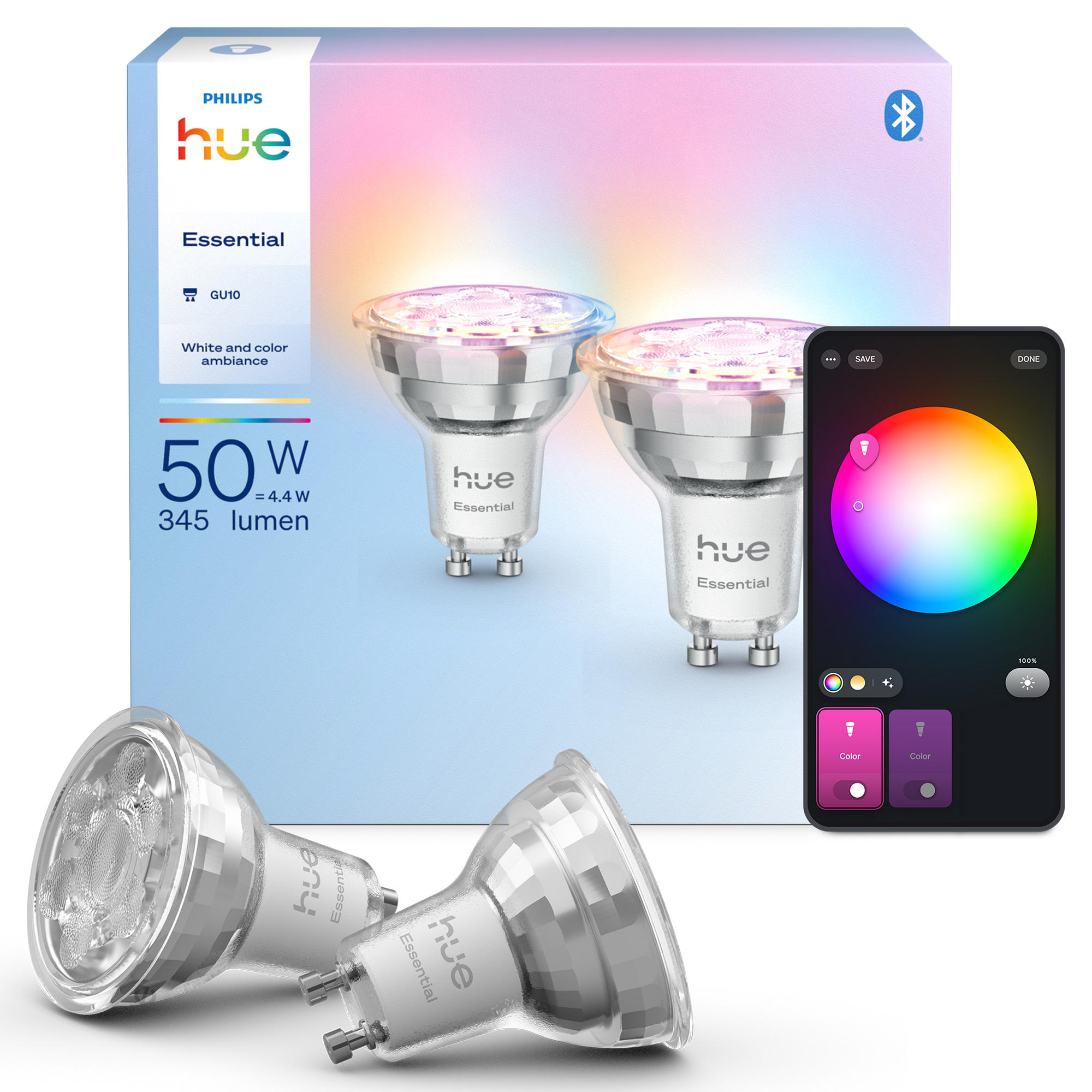 (2 pack) Philips Hue Essential Smart LED E27, White and Color Ambiance, 2200K-6500K, Dimmable, Works with Alexa, Google Assistant, and Apple Home – 2 PACK / Gu10