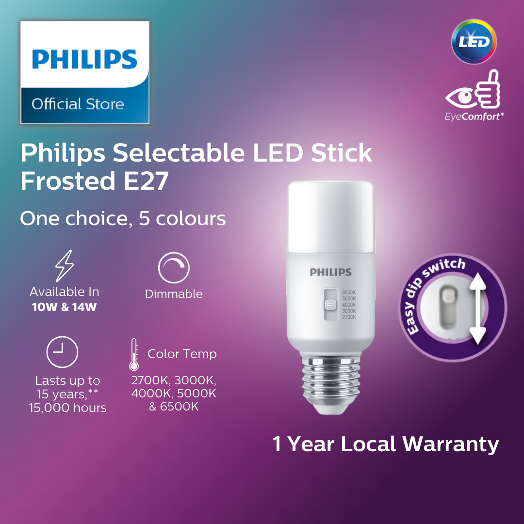 Philips LED Stick Selectable Frosted E27 Base | 10W & 14W | Dimmable | 5 colour temperatures with EyeComfort Technology – 10W