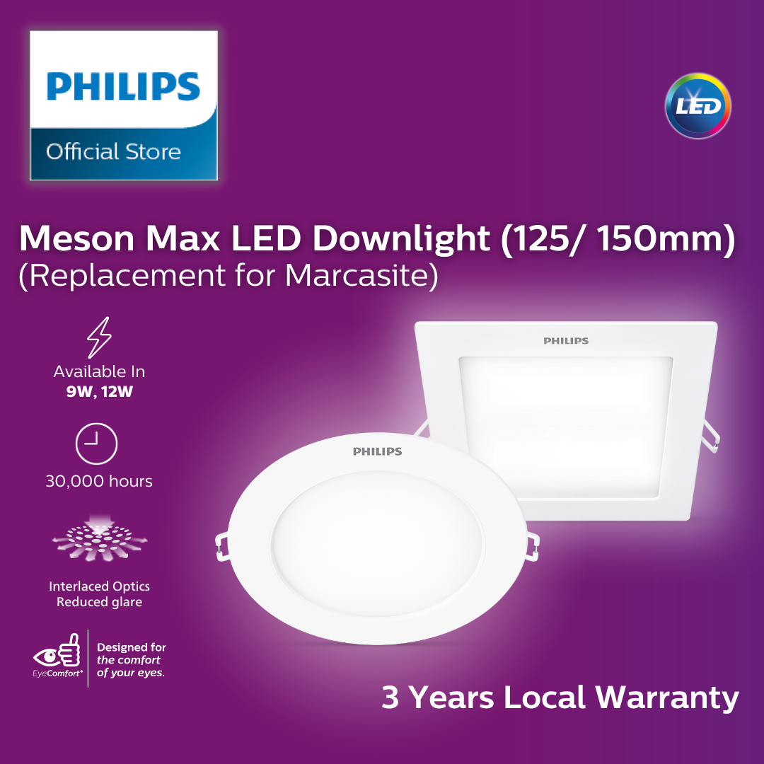 Philips Meson Max LED Slim Downlight with 3 years Warranty and 30,000 hours lifetime (Marcasite Replacement) – 3000K Warm White / Square/ 125mm