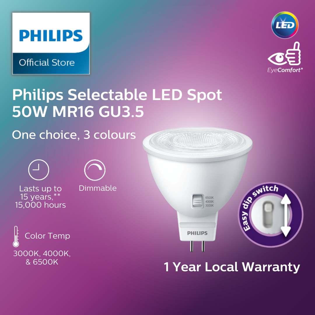 Philips LED Selectable MR16 GU3.5 Spot | 50W | 12V | Dimmable | 3 colour temperatures with EyeComfort Technology