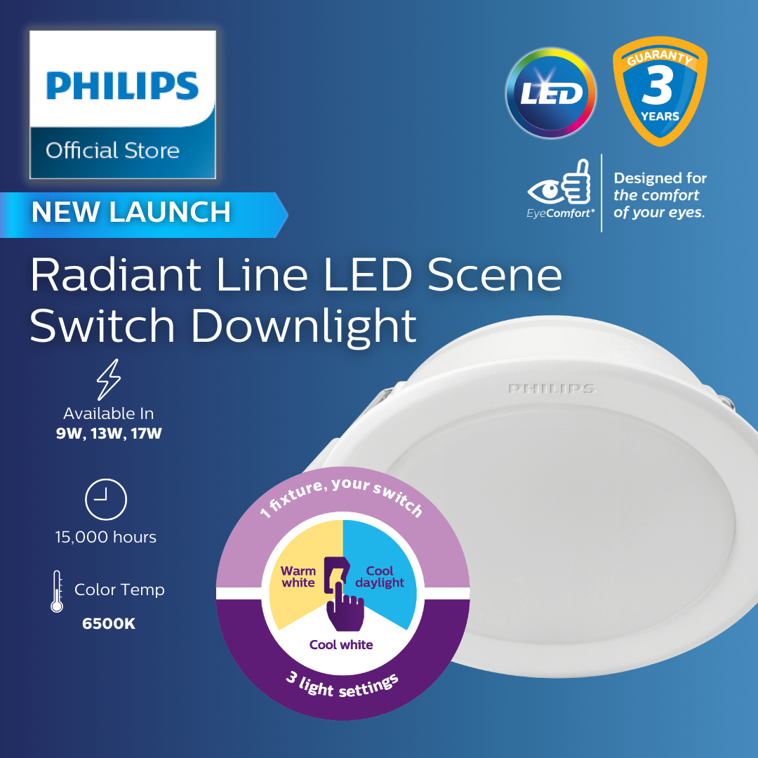 Philips Radiant Line LED Scene Switch Downlight – 3-in-1 Light Settings | Warm White, Cool White & Cool Daylight – 13W 125mm