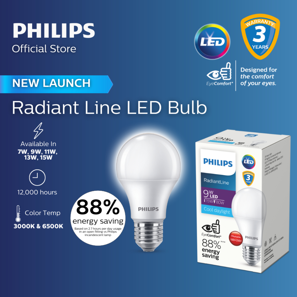 Philips Radiant Line LED Bulb E27 – Extra Brightness & Energy Saving | 7W, 9W, 11W, 13W, 15W | 3000K Warn 6500K