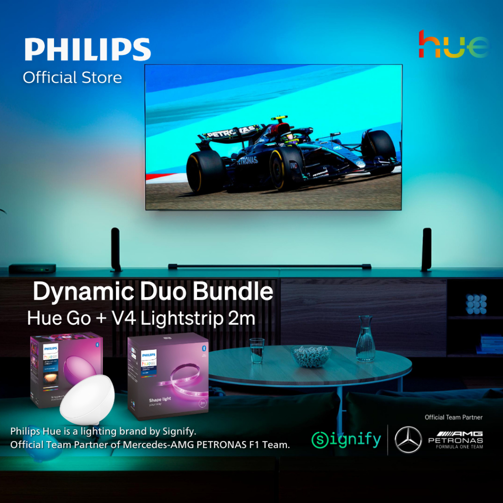 Philips Hue Dynamic Duo Bundle (Hue Go Portable Lamp + V4 2m RGB Lightstrip Base Kit)