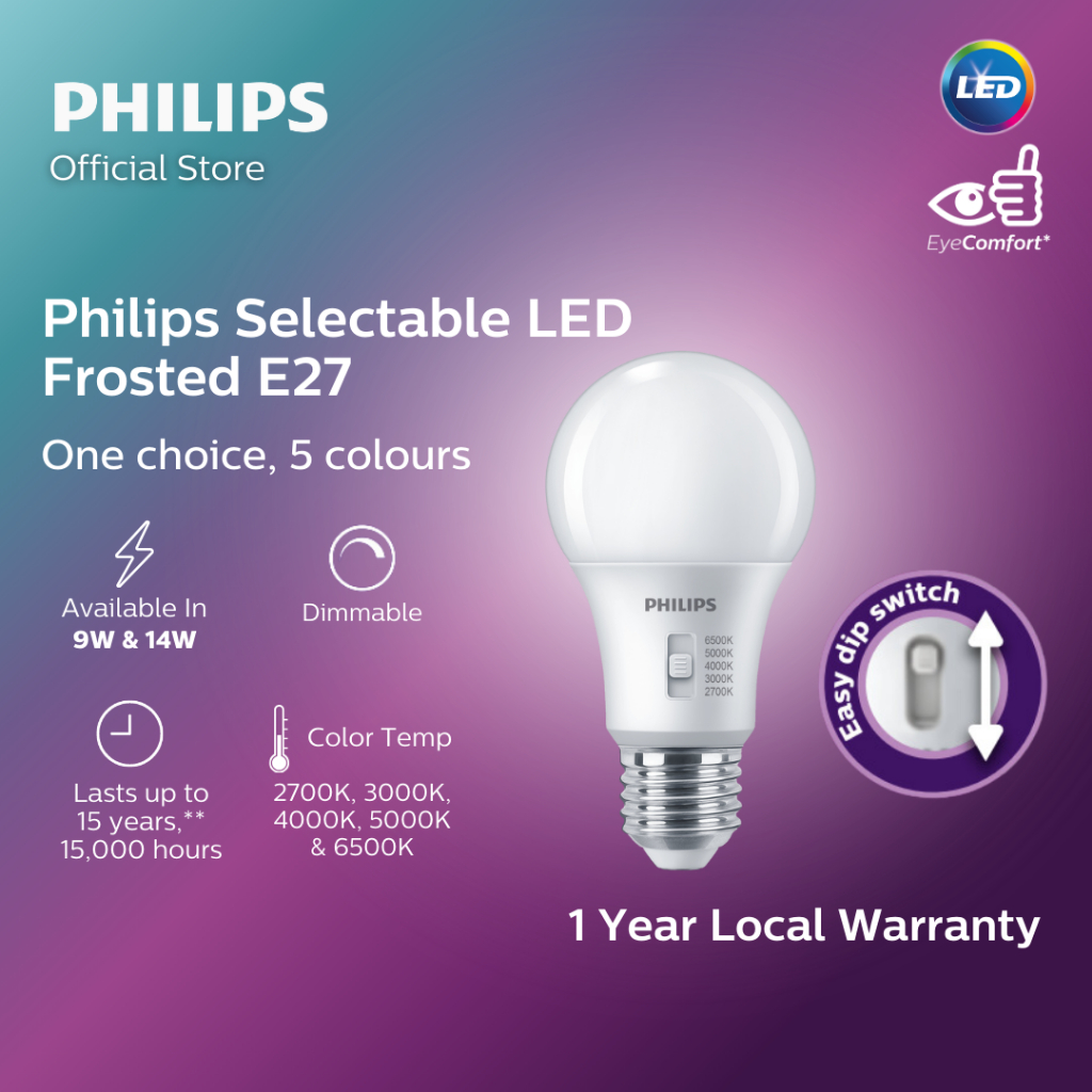 Philips LED Selectable Frosted E27 Base | 9W & 14W | Dimmable | 5 colour temperatures with EyeComfort Technology