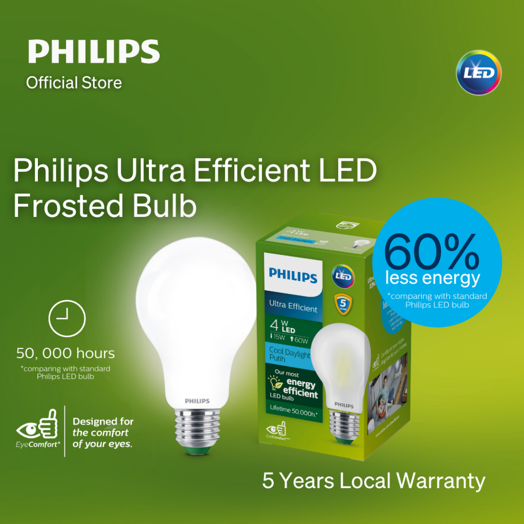 Philips Ultra Efficient LED E27 Frosted Bulb with Eye Comfort - 4W/5W/7.5W in Warm White and Daylight Color