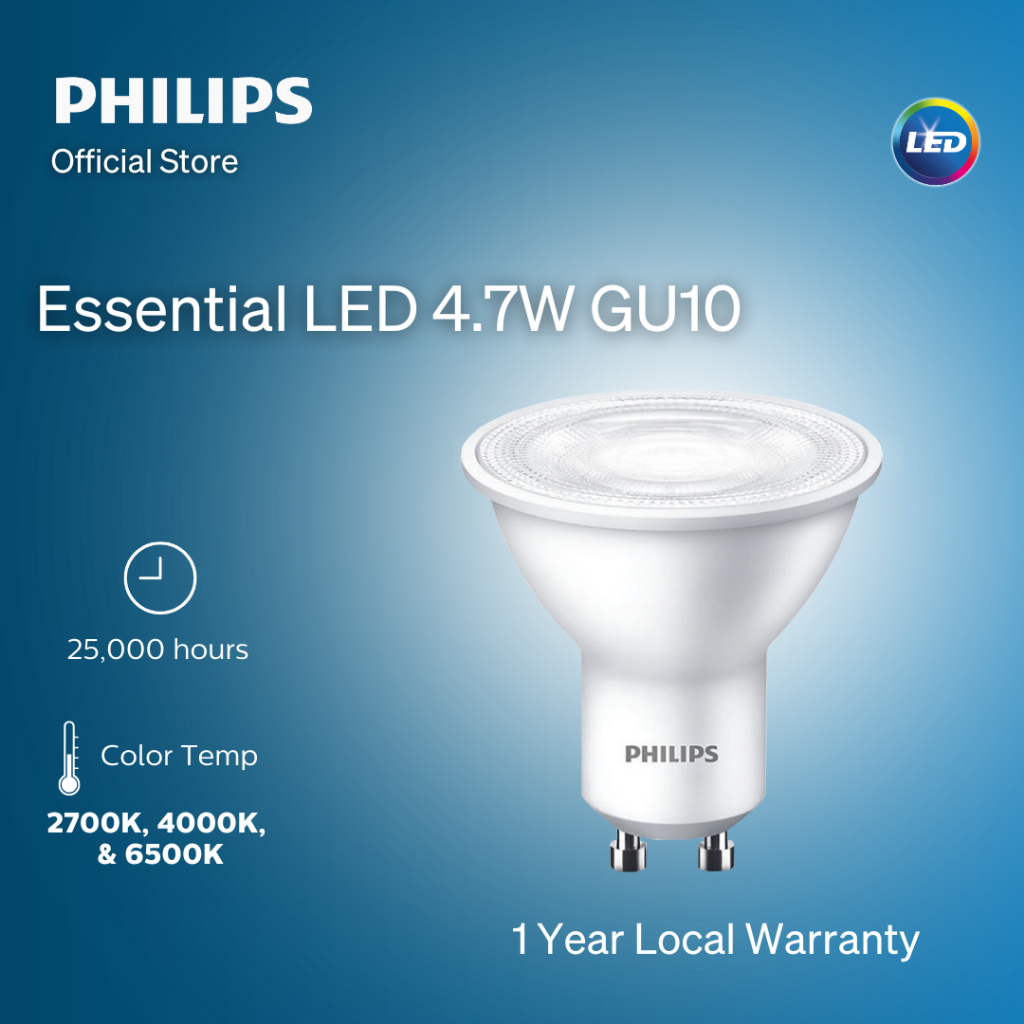 Philips Essential LED GU10 4.7W Spot Bulbs | 2700K Warm White, 4000K Cool White, 6500K Cool Daylight (1 Year Warranty)