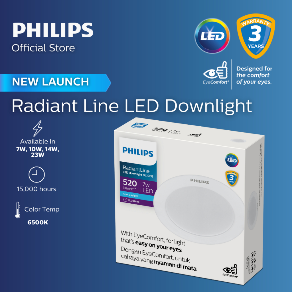 Philips Radiant Line LED Downlight – Slim Design, Extra Brightness & Energy Saving | 6500K Cool – 7W