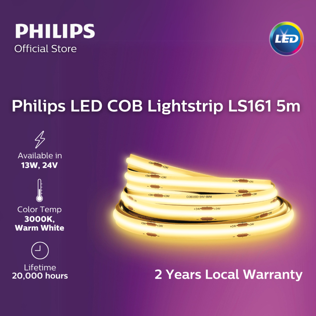 Philips LED COB Lightstrip LS161 13W 5m Warm White | Chip on Board | Available in 3000K Warm & 4000K White – 3000K, Warm