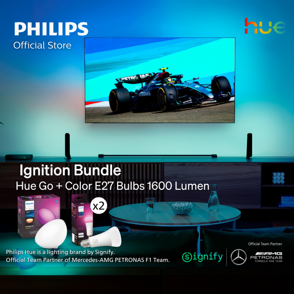 Philips Hue Ignition Bundle (Hue Go Portable Lamp + 2x Hue E27 White & Colour Ambience Bulb) – Add a Bridge