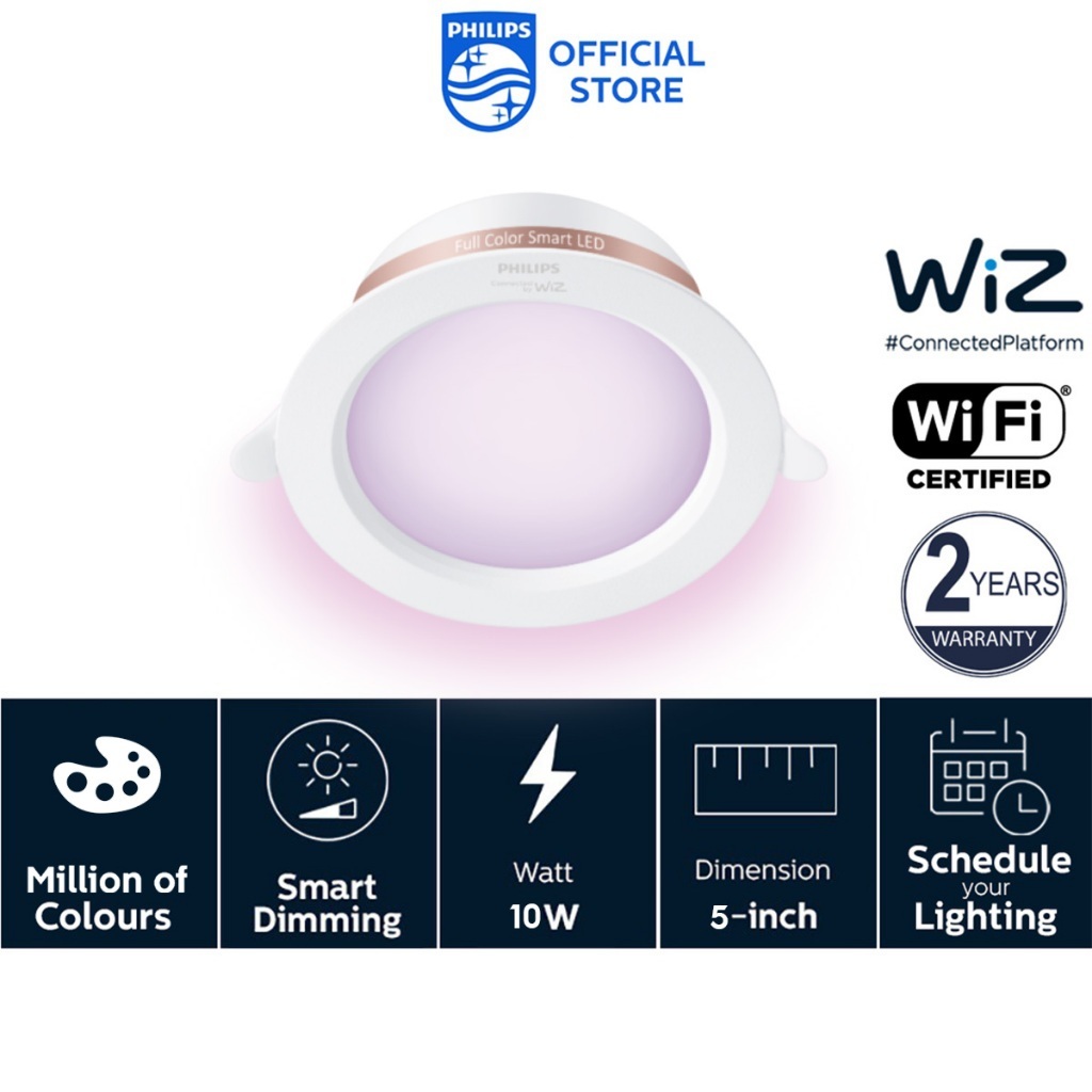 Philips Smart Lighting LED Recessed RGB Downlight 4/5/6 Inch (10W 2200K-6500K) (Powered By WiZ) – 5 Inch Colored 10W