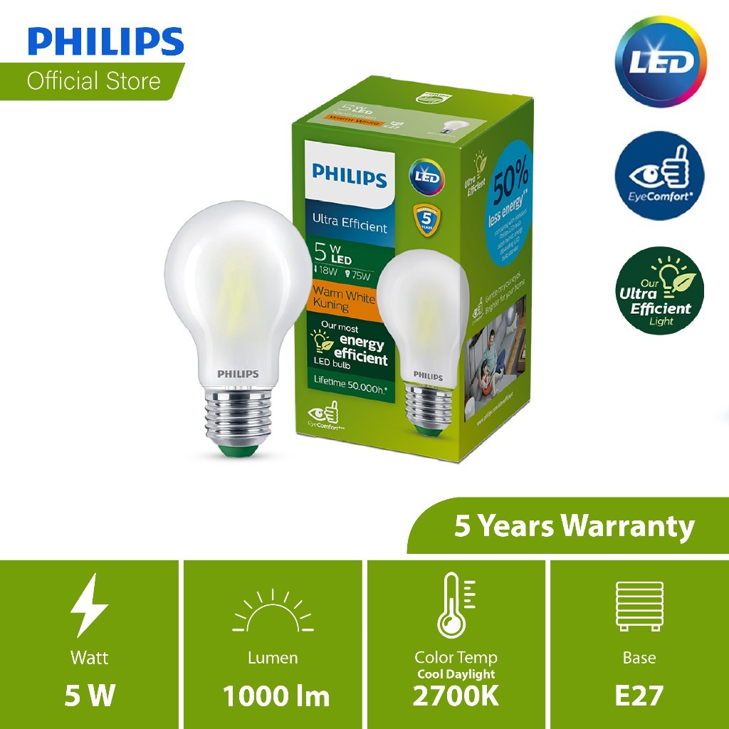 Philips Ultra Efficient LED A60 4/5/7.5W (2700K - 6700K) Bulb – 5W 2700k