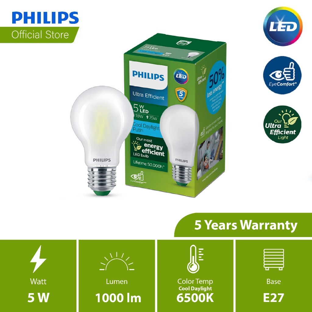 Philips Ultra Efficient LED A60 4/5/7.5W (2700K - 6700K) Bulb – 5W 6500k