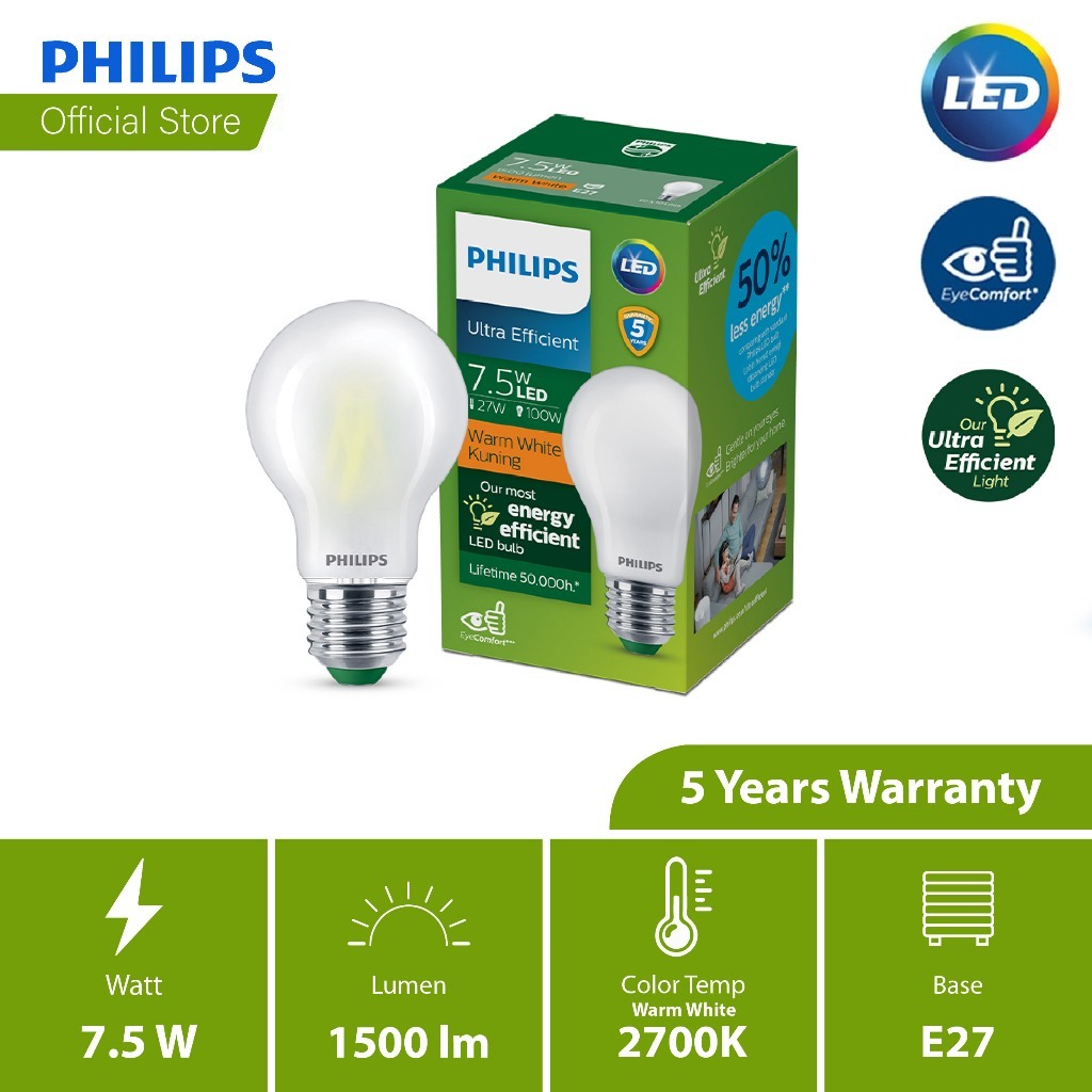Philips Ultra Efficient LED A60 4/5/7.5W (2700K - 6700K) Bulb – 7.5W 2700k