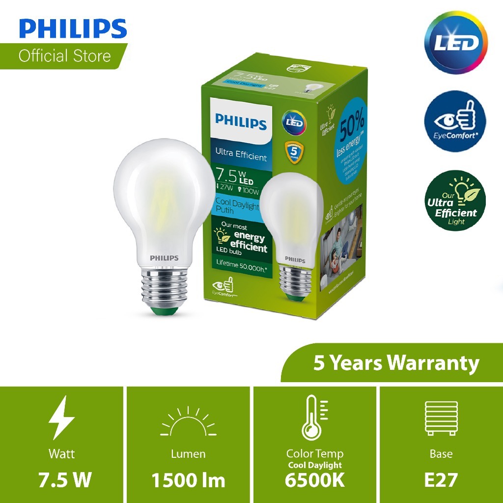 Philips Ultra Efficient LED A60 4/5/7.5W (2700K - 6700K) Bulb – 7.5W 6500k
