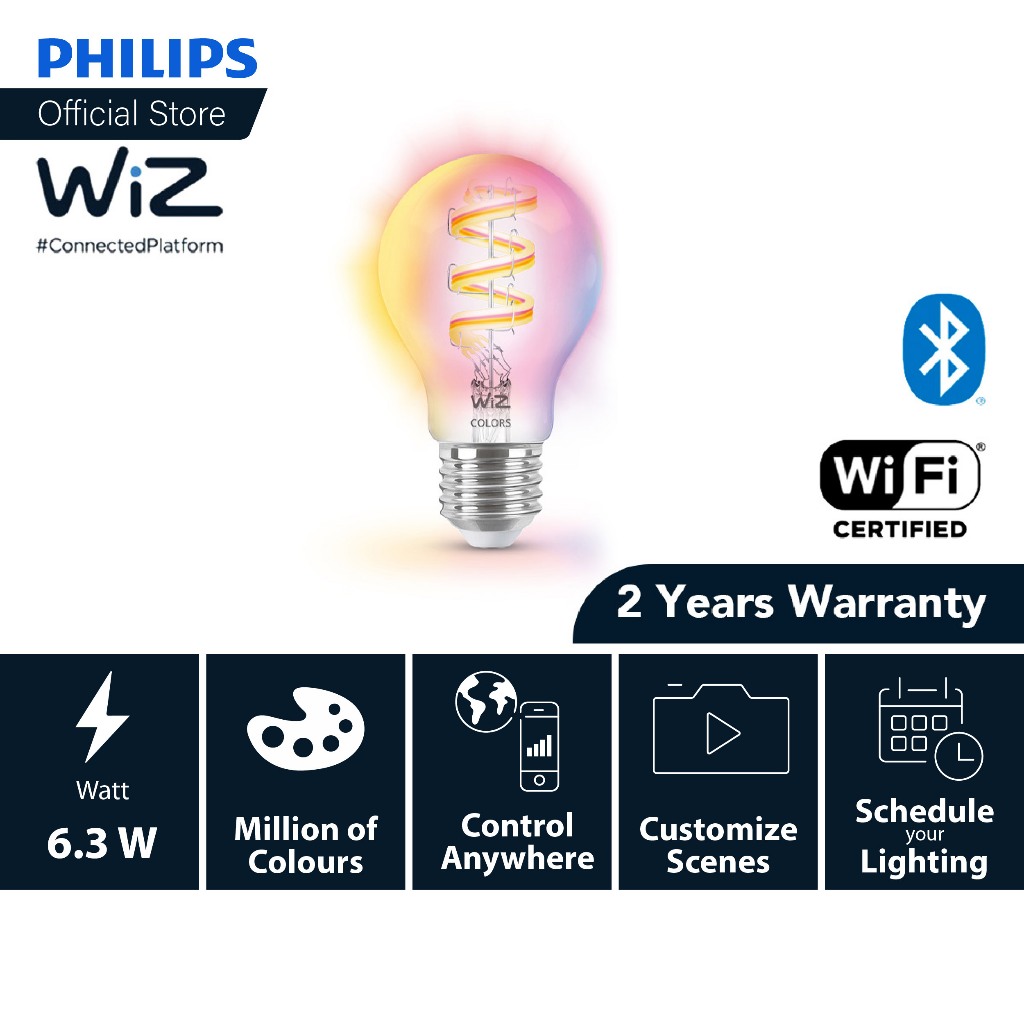 Philips Smart Lighting WiZ LED Filament A60 Colour 6.3W Bulb (Powered by WiZ)