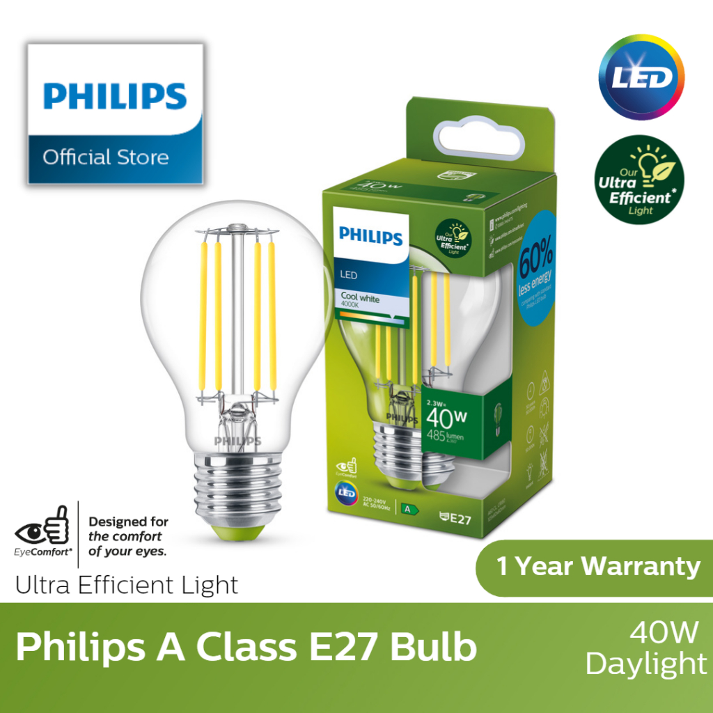 Philips Ultra Efficient A Class LED E27 Bulb. Our most energy efficient bulb (5 Years Warranty) | Easy installation – 4000K Daylight / 2.3W