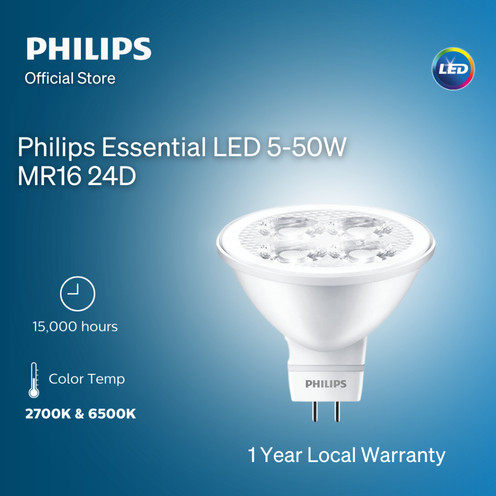 Philips Essential LED 5-50W MR16 24D | Available in: Warm White 2700K and 6500K (1 Year Warranty) – 6500K