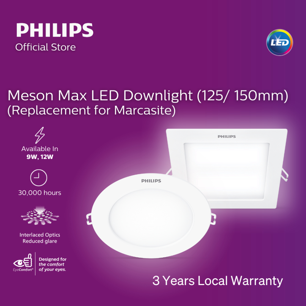 Philips Meson Max LED Slim Downlight - 3 Years Warranty and 30,000 hours lifetime | Replacement for Marcasite Downlight – 6500K, Cool / Square, 9W 125mm