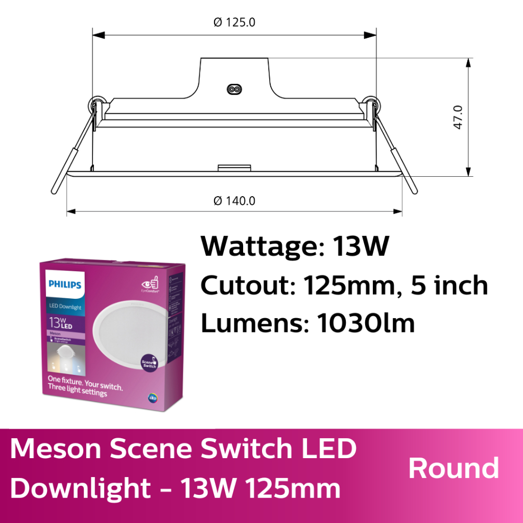 Philips Meson Scene Switch LED Downlight Tri-Color with regular switch | EyeComfort w Natural light & reduced glare – 13W 125mm / 5 inch