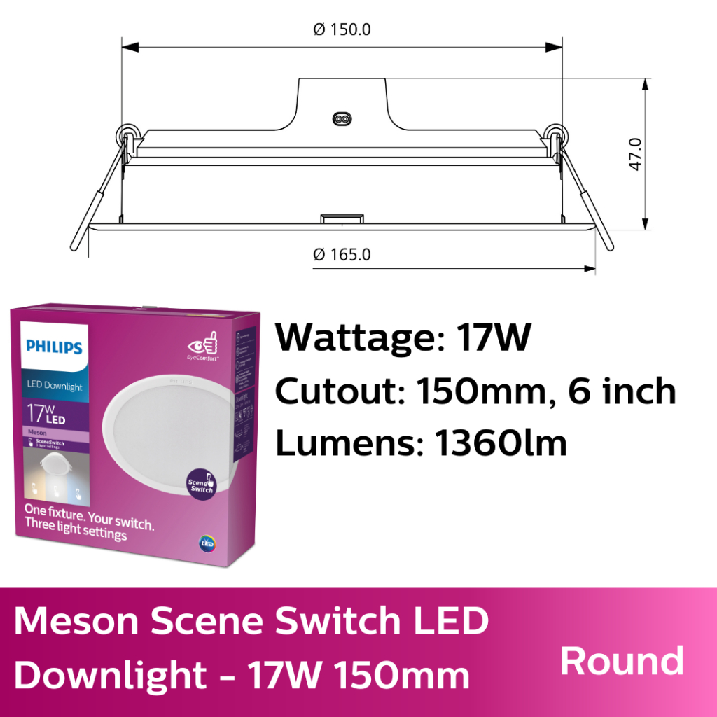 Philips Meson Scene Switch LED Downlight Tri-Color with regular switch | EyeComfort w Natural light & reduced glare – 17W 150mm / 6 inch