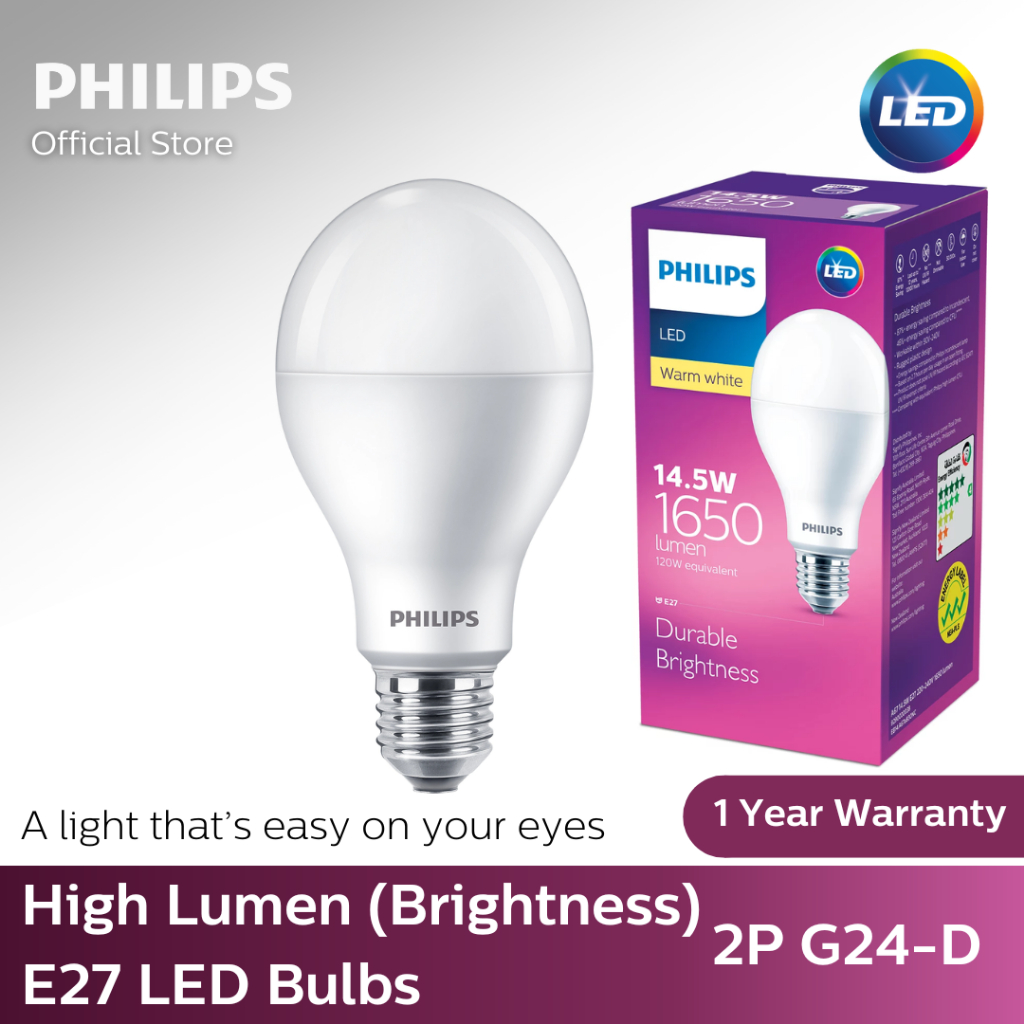 Philips High Lumen Extra Brightness LED E27 Bulb with EyeComfort | Natural light & reduced glare | Energy saving – 14.5W 1650lm, 6500K