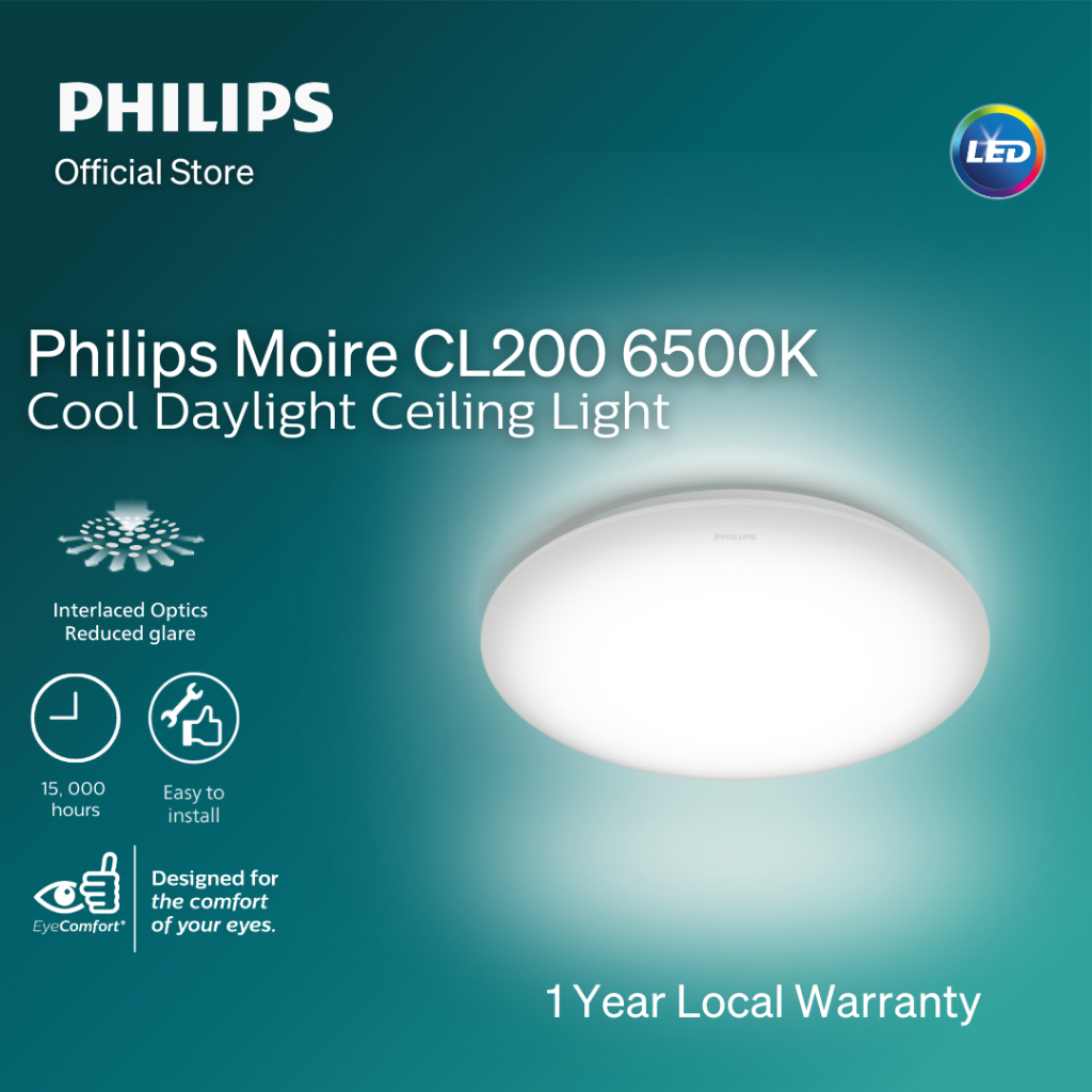 Philips Moire CL200 LED Ceiling Light: Cool Daylight Color 6500K w EyeComfort | Natural light & reduced glare – 17W/ 320mm