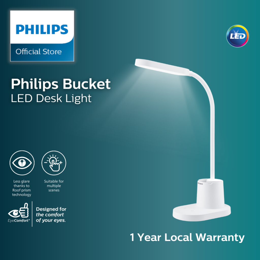 Philips Bucket LED Desk Lamp, adjustable Warm to Cool Light w Touch Step Dimming & EyeComfort | USB charging compatible