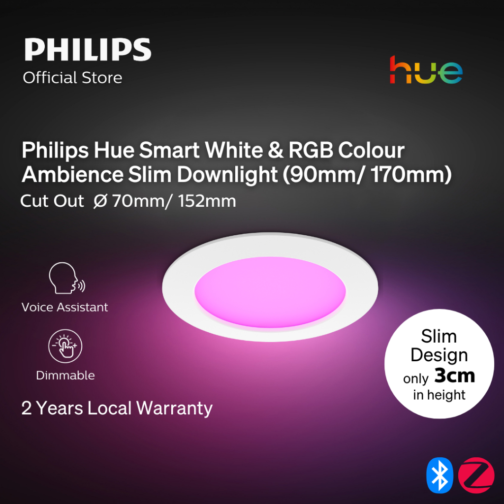 Philips Hue Smart White & RGB Colour Ambience Slim Downlight (90mm/170mm) | Cut-out 70mm/152mm | Low False Ceiling IP44 – 170mm (Cutout 152mm)