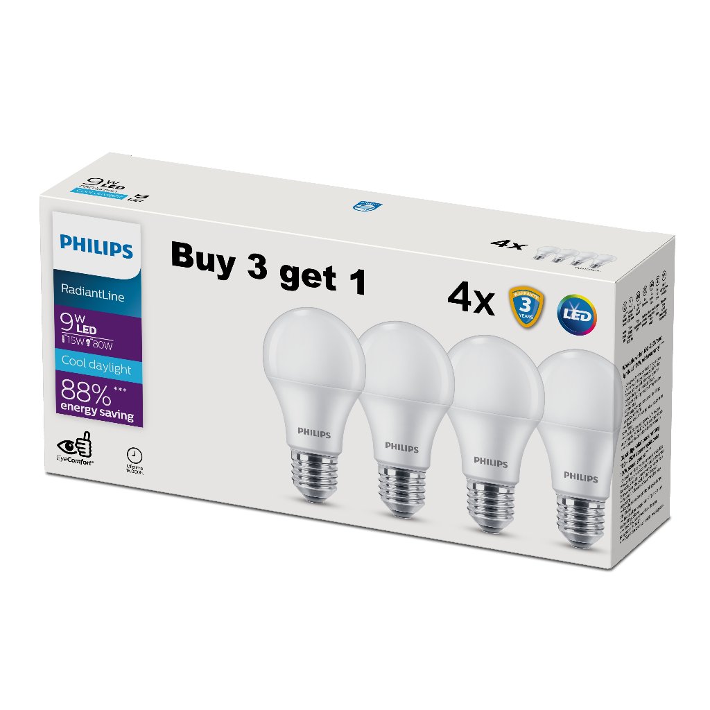 Philips Radiant Line LED Bulb – 4 Pack (Buy 3 Get 1 Free) | Extra Brightness, 88% Energy Saving, 6500K Cool Daylight – 9W - 950lm