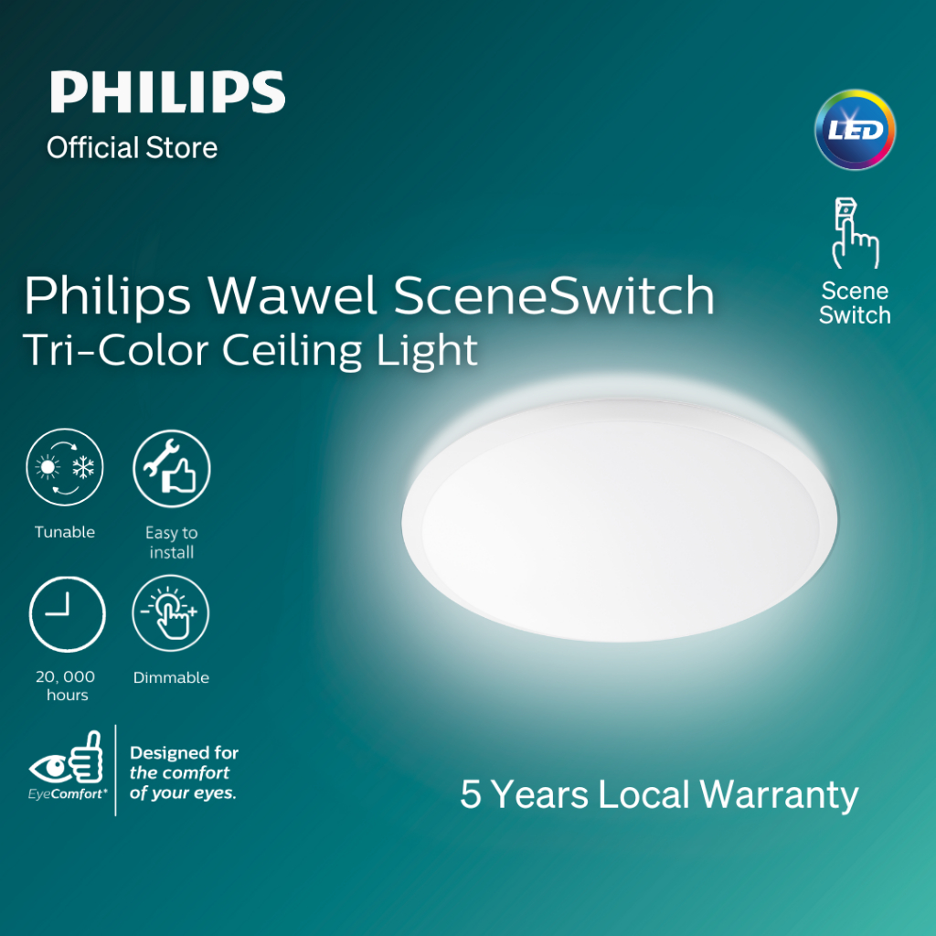 Philips Wawel LED Ceiling Light with Scene Switch | One switch, four lighting colors, Warm White, Cool White, Daylight – 17W | 350mm