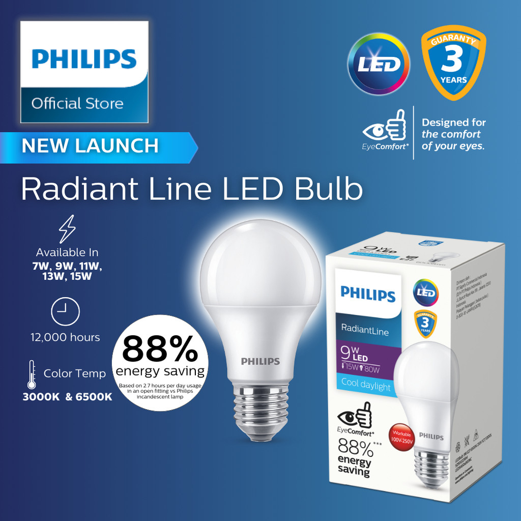 Philips Radiant Line LED Bulb EyeComfort 7W-15W E27 3000K/6500K – 13W / 6500K Cool White