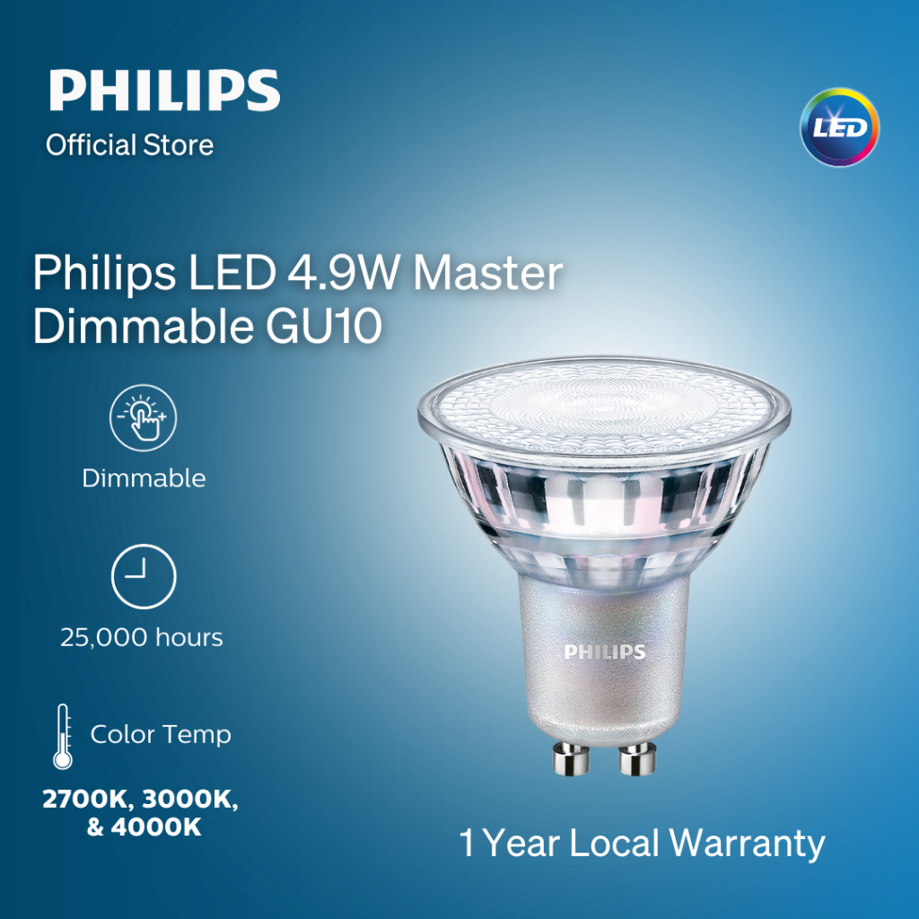Philips LED Master Dimmable GU10 4.9W (Warm Glow White 2700K, Warm White 3000K and Daylight 4000K) | Energy saving – 2700K WarmGlow White