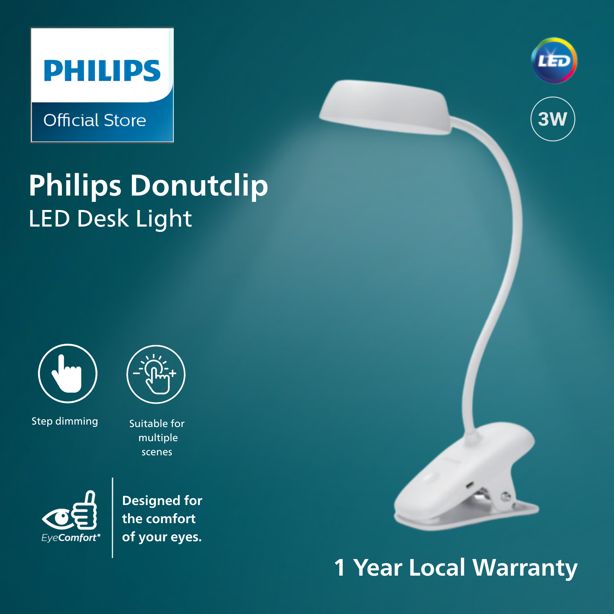 Philips Donutclip LED Desk Light 3W EyeComfort