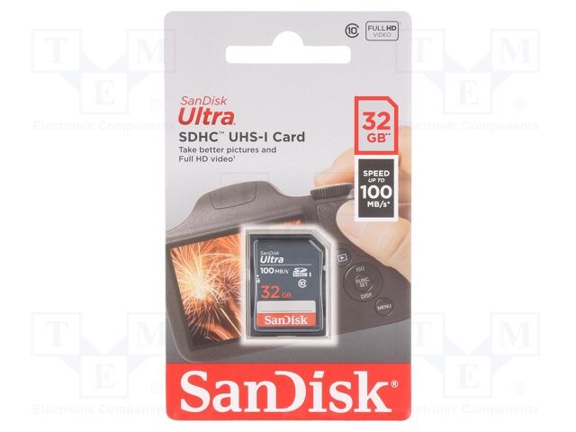 SanDisk Ultra SDHC, SDUNR 32GB, C10, UHS-I, 100MB/s R, 3x5, 7Y – 32GB